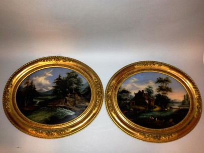 null Deux peintures ovales sous verre "Chamières en bord de rivière" Dans des cadres...
