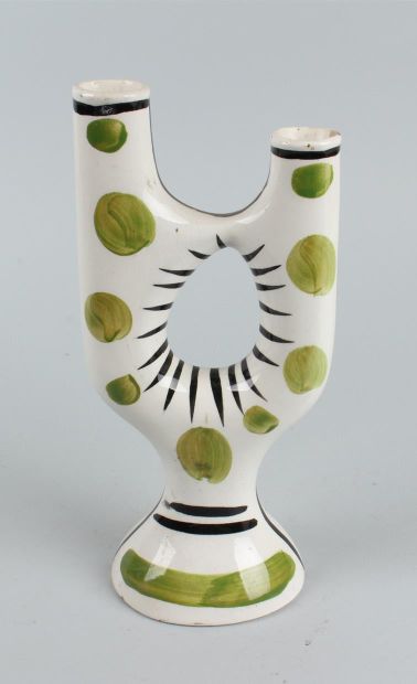 null REVERNAY - Vase soliflore double en faïence émaillée à décor vert et noir sur...