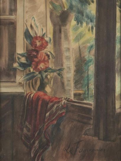 null "Henri Victor LE FAUCONNIER (1881-1946) Bouquet de fleurs près d'une fenêtre...