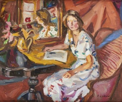 null "Pierre CORNU (1895-1996) Jeune femme à la lecture Huile sur toile signée en...