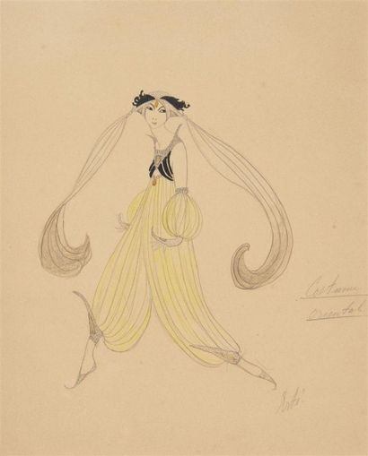 null "ERTÉ (1892-1990) Costume Oriental Dessin et aquarelle sur papier, titré et...
