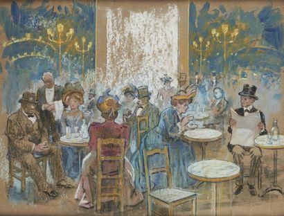 null "Ecole Française (XIX-XXeme ) Scène de la belle époque Pastel et gouache sur...