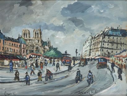 null "Robert-André LAVOINE (1916-1999) Les quais, Paris 1941 Huile sur carton signé...
