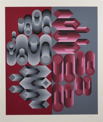 null "Victor VASARELY (1906-1997) Composition cinétique (gris rose) Lithographie...