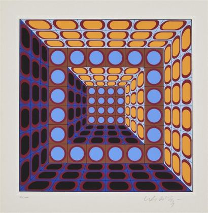 null "Victor VASARELY (1906-1997) Composition cinétique (bleu rouge jaune) Lithographie...