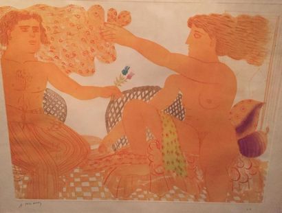 null "Alexandre FASSIANOS (1935) Le couple Lithographie en couleurs, signée en bas...