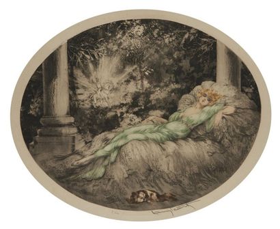 null "Louis ICART(1888-1950) Femme à la robe verte endormie, un chien à ses pieds...