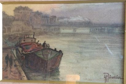 null RECAMIER Gabrielle (1883- ?) : 
La péniche
Crayon et aquarelle, signé en bas...