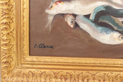 null Eugénie CLARAC (XXe) : 
Nature morte aux sardines. 
Huile sur panneau signé...