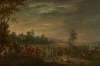 null Ecole FLAMANDE vers 1730 : 
"Choc de cavalerie"
Sur sa toile d'origine.
29,5...