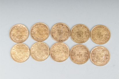 null SUISSE. DIX PIECES de 20 FRANCS suisses en or jaune. Helvetia. Datées 1901 (1),...