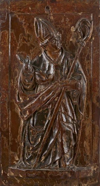 null PANNEAU en bois sculpté et teinté, anciennement peint et doré représentant un...