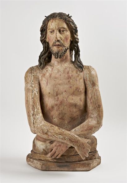 null FIGURE de Christ aux liens en bois polychrome.
Espagne, XVIIe siècle. 
Accidents.
H...