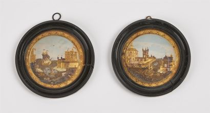 null COMPIGNE 
"Vue des environs de Florence" 
Deux médaillons formant pendant en...