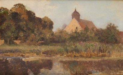 null Jean-Charles CAZIN (Samer 1840 ? Le Lavandou 1901)
Une chapelle près d'un étang.
Panneau....