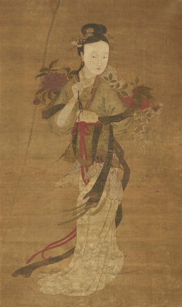 null CHINE - XVIIIe/XIXe siècle
Encre et couleurs sur soie, représentant une immortelle...