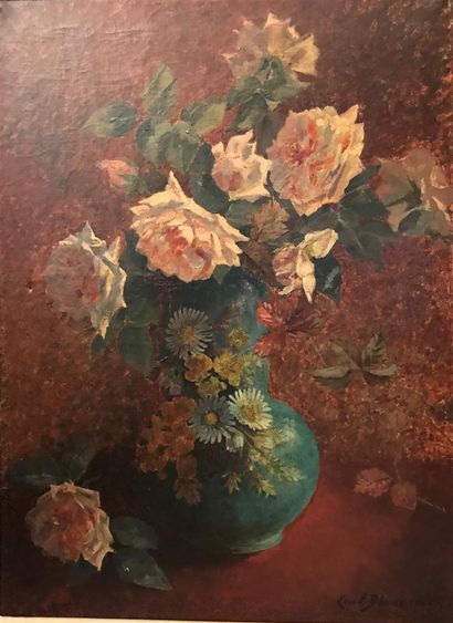null ECOLE FRANCAISE DU XIXe siècle : 
Nature morte au bouquet de roses dans un vase
Huile...