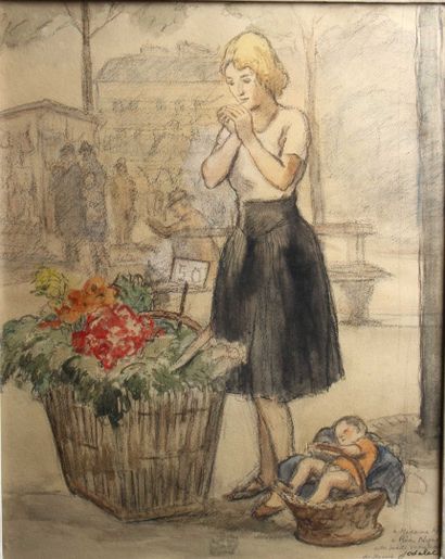 null JODELET Charles Emmanuel (1883-1969)
" La marchande de fleurs " 
Dessin rehaussé...