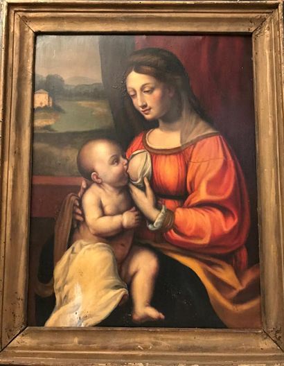 null ECOLE ITALIENNE : 
Mère allaitant son enfant 
Huile sur cuivre. 
58,5 x 47 cm
Taches...