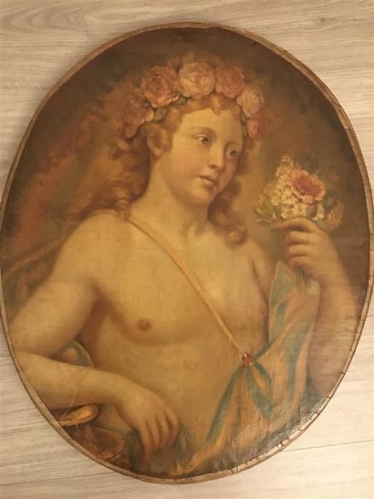 null ECOLE MODERNE 
Portrait à la couronne de fleurs 
Huile sur toile ovale marouflée...