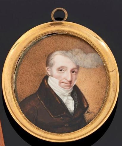 null ECOLE FRANCAISE du XIXème siècle. 
Miniature ovale
Portrait d'homme les cheveux...