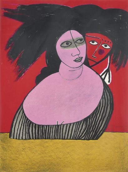 null CORNEILLE (né en 1922) 
Femme masquée et oiseau, 1991. 
Lithographie en couleurs,...