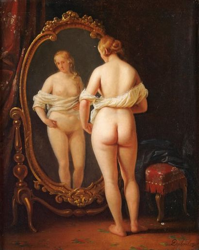 Jean Auguste DUBOULOZ (Paris 1800 - 1870) Femme nue à son miroir Toile - 41 x 32,5...