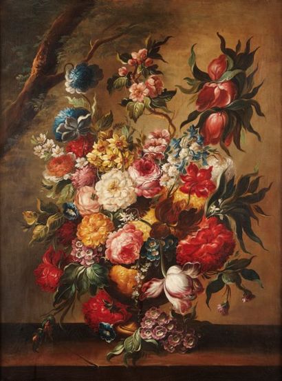 ECOLE Française du XX°siècle « Nature morte au bouquet de fleurs ». Huile sur toile....