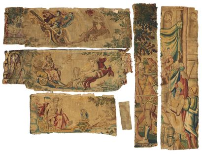 null BRUXELLES 
Cinq fragments de tapisseries divers. 
XVI siècle. 
Usures et restaurations....