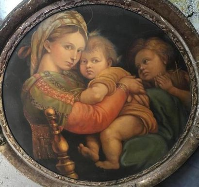 null ECOLE ITALIENNE d'après Raphaël
Vierge à l'enfant et Saint Jean-Baptiste 
Huile...