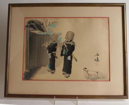 null JAPON 
Dessin figurant deux personnages jouant de la flûte portant un cachet...