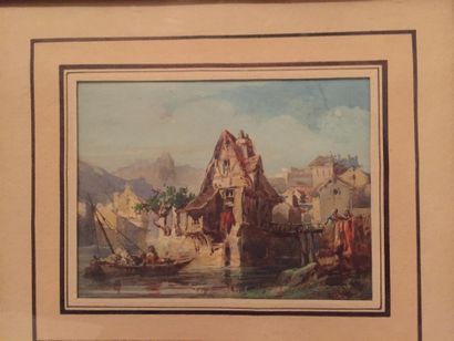 null ECOLE DU NORD, XIXème siècle
Vue de villes portuaires 
Paire de deux aquarelles...