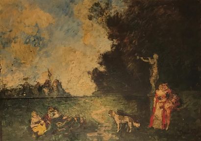 null Suiveur d'Adolphe MONTICELLI
Scène galante et chiens
Huile sur panneau
45 x...
