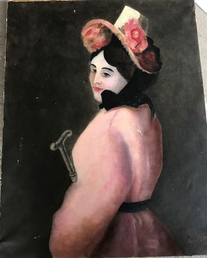 null ECOLE de la fin du XIXe siècle 
Portrait de femme au chapeau 
Huile sur toile...