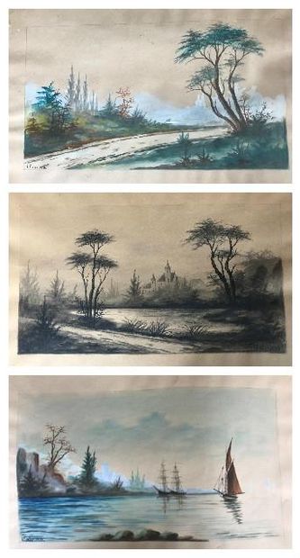 null G. FISTER (XIX-XXe) 
Paysages 
Trois aquarelles signées et datées 1913 et 1915...