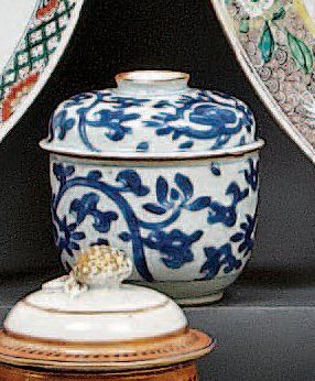 CHINE Sucrier rond couvert décoré en bleu sous couverte de fleurs. XVIIIè siècle....