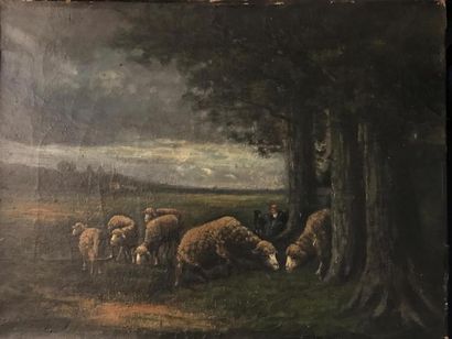 null ECOLE FRANCAISE de la fin du XIXe siècle 
Moutons et bergère 
Toile portant...