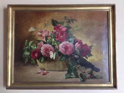 null Charles-Léon MERY (Actif vers 1878-1921) 
Bouquet de roses et papillons 
Huile...