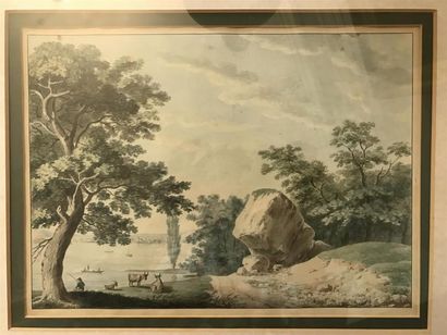 null ECOLE DE LA FIN du XIXe siècle 
Paysage avec pêcheur 
Aquarelle. 
25 x 34 cm...
