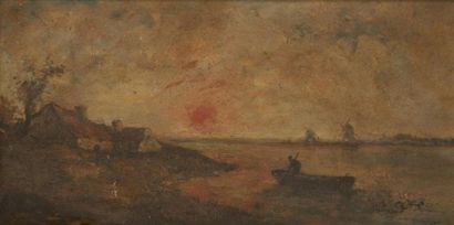 null Auguste RAVIER (1814-1895) : 
Retour de pêche
Huile sur panneau.
21.5 x 41 cm....