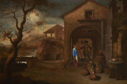 null Attribué à Pieter SNAYERS (1592 - 1666) 
Cour de ferme avec un couple de fermiers
Toile.
60...