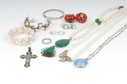 null ENSEMBLE DE BIJOUX FANTAISIE comprenant colliers de perles, bracelets, boucles...