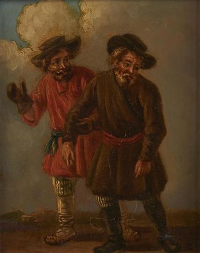 null ECOLE DU XIXe siècle 
Deux marchands 
Homme à la lampe 
Deux huiles sur cuivre...