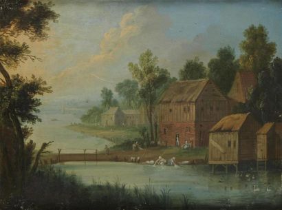 Ecole FLAMANDE du XVIIIème siècle, entourage de Joseph van BREDAEL
Paysage de rivière
Cuivre
18... Gazette Drouot