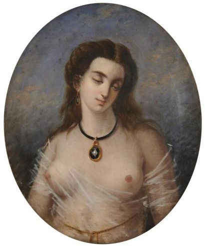 null Ecole FRANCAISE vers 1860
Portrait de jeune femme portant un camée 
Sur sa toile...