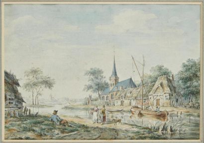 null Ecole HOLLANDAISE du XVIIIème siècle
Le village au bord de la rivière
Plume...
