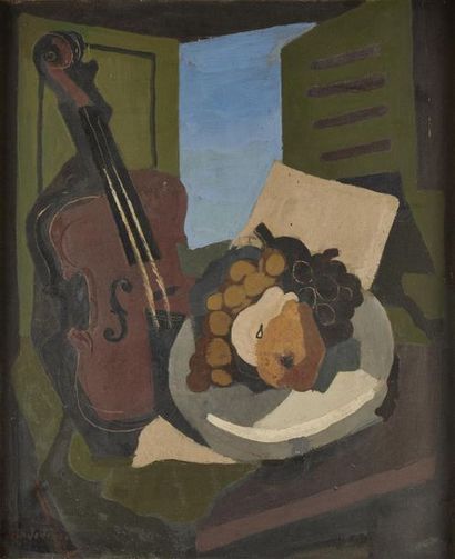 null Jean JOVENEAU (1888-?)
Nature morte au violon et aux fruits.
Huile sur toile,...
