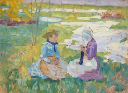 null Augustin HANICOTTE (1870-1957)
Deux femmes assises 
Huile sur panneau, monogrammé...