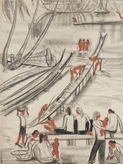 null André MAIRE (1898-1984)
Scène animée au bord du fleuve 
Fusain et sanguine sur...