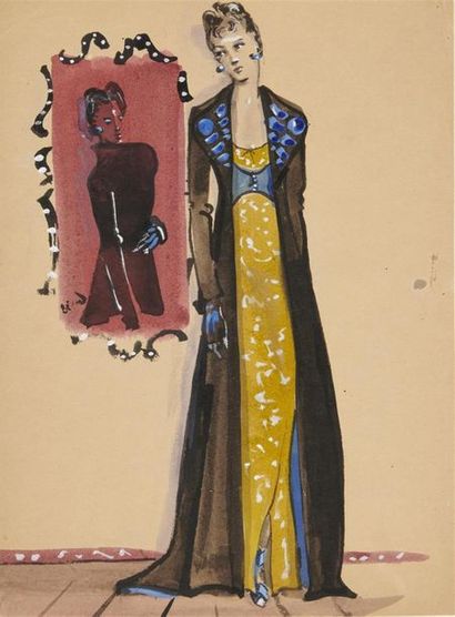 null Christian Jacques BERARD (1902-1949)
Elégante à la robe jaune et manteau marron,...